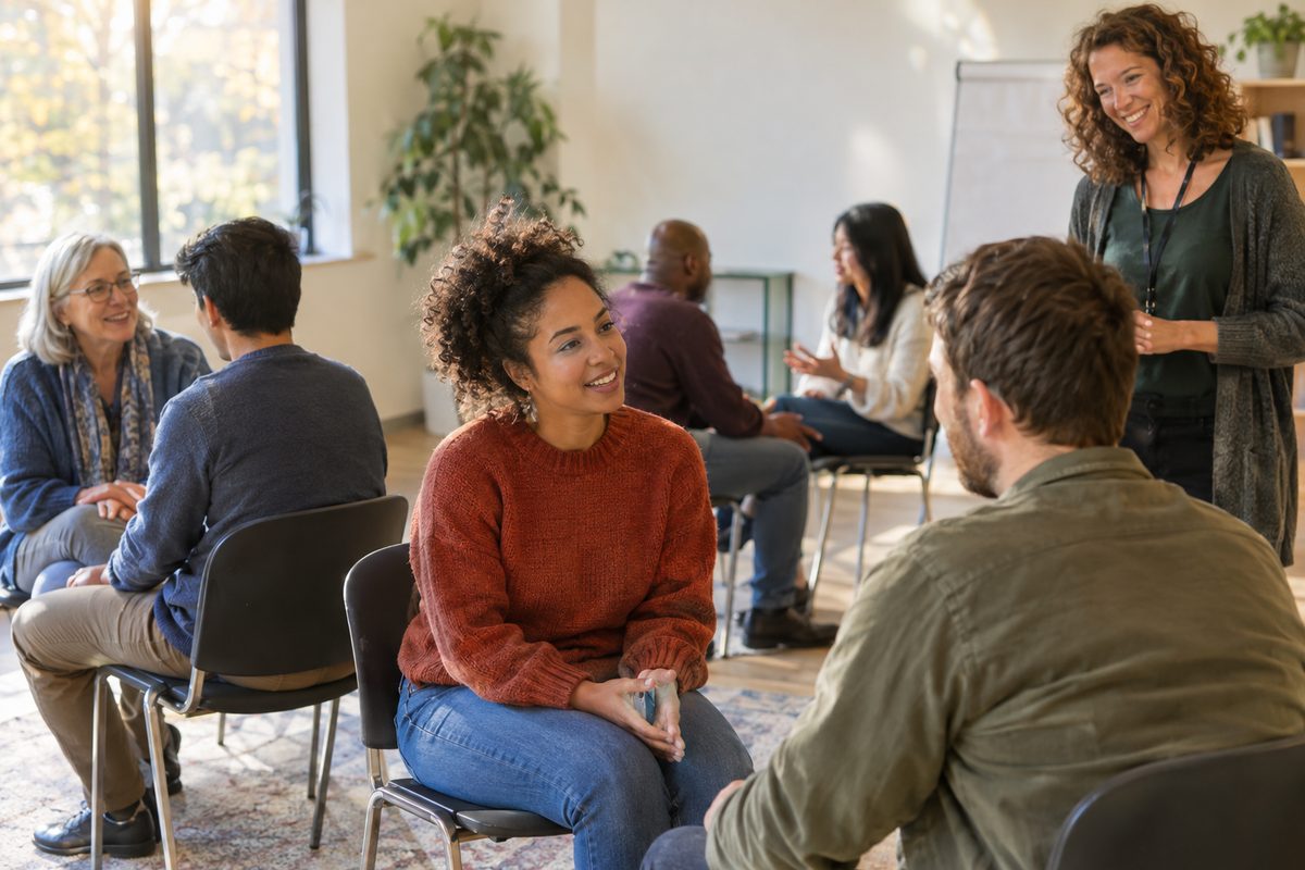 Adults seated in pairs practicing a structured conversation in a community classroom while a facilitator looks on