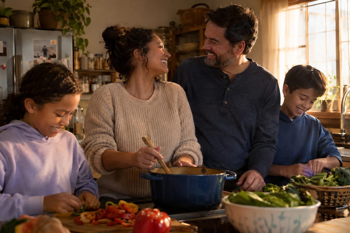 Parents and two children cooking together in a kitchen