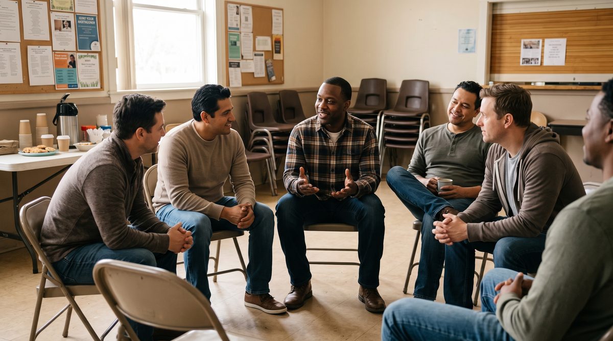 A group of fathers talking together in a workshop