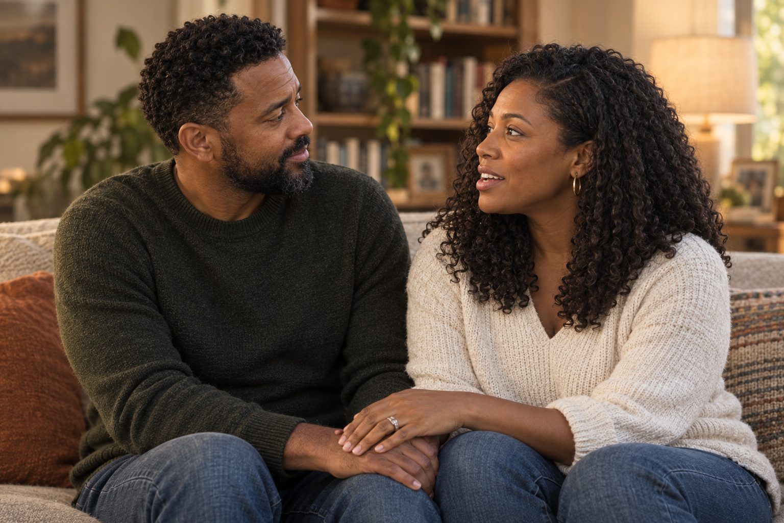 A couple talking on a living-room sofa, her hand resting on his
