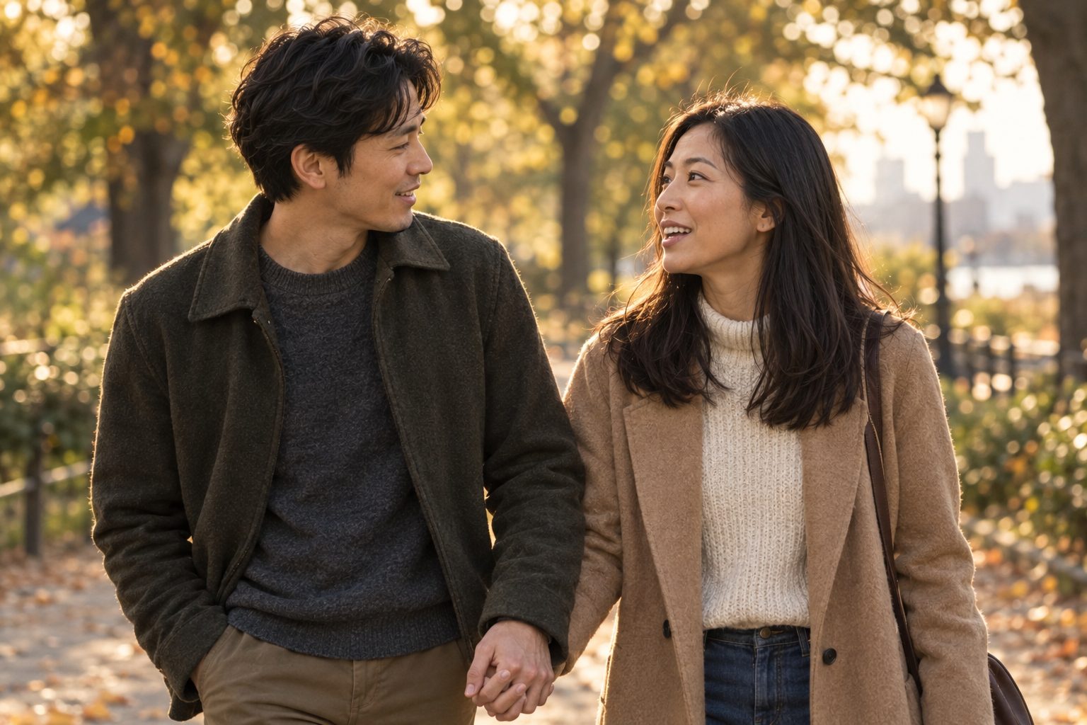A couple holding hands and smiling at each other on an autumn walk in the park