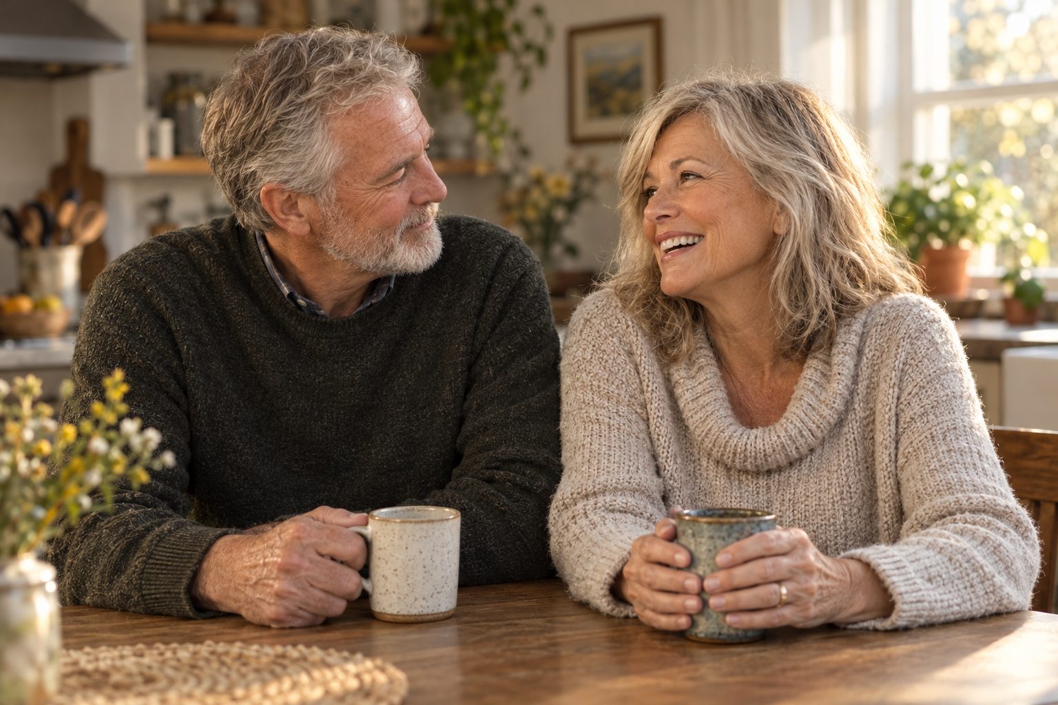 An older couple sharing coffee and a laugh at the kitchen table