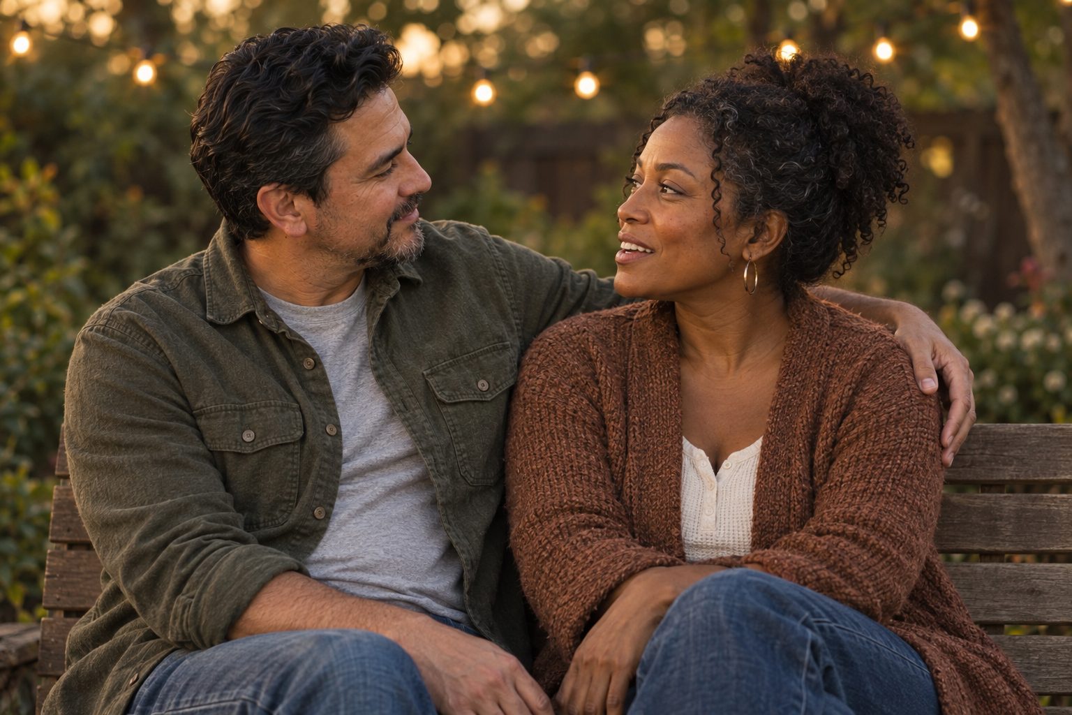 A couple in an earnest conversation on a garden bench at dusk, his arm around her shoulders