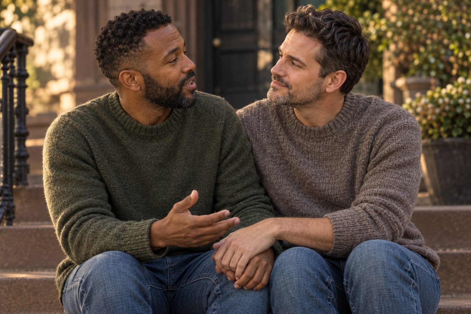 Two men sitting close on brownstone steps, one listening warmly while the other speaks, hands clasped