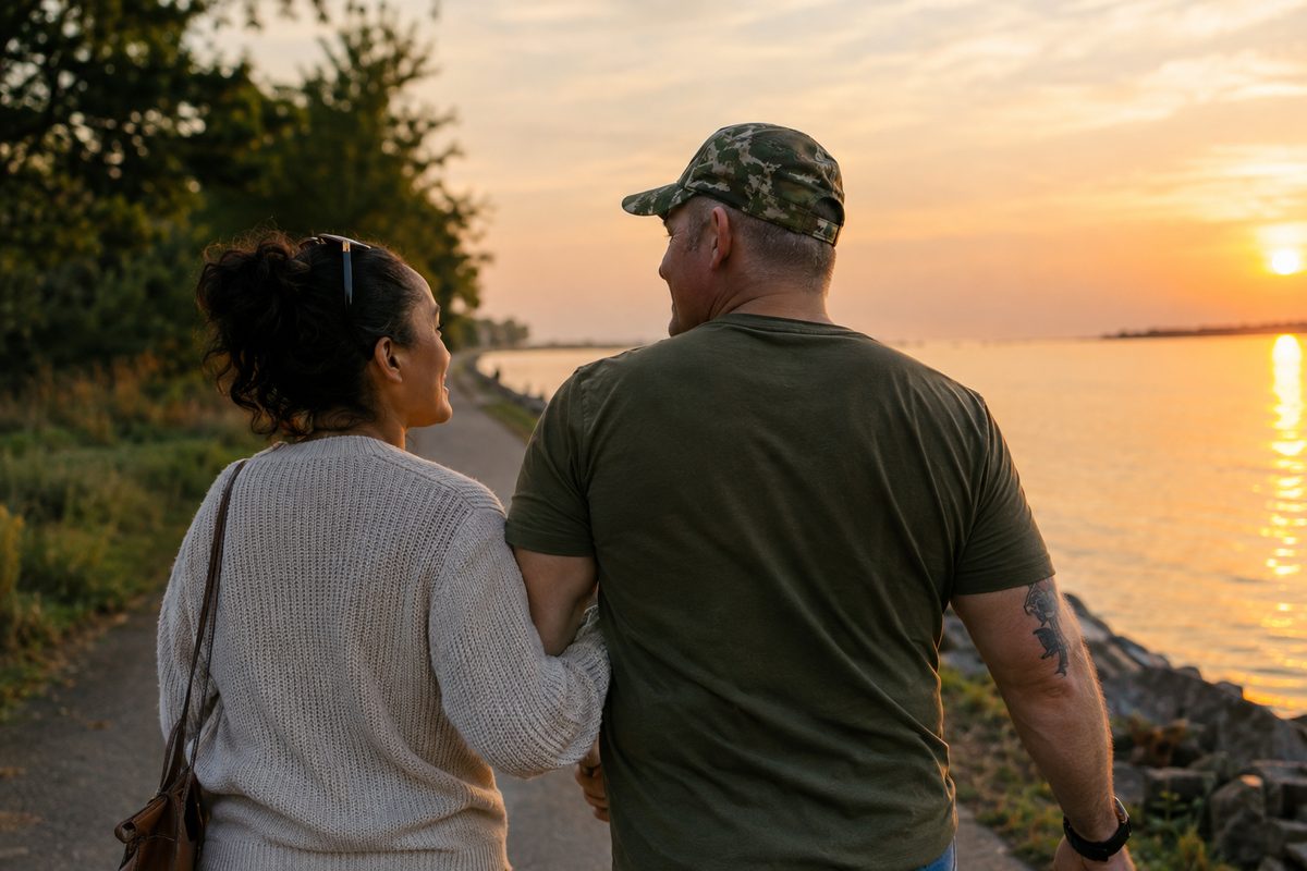 A veteran and his spouse walking together along the water at sunset
