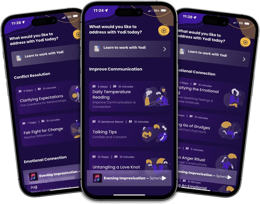 Three phones showing the Yodi app's exercise menu, including Daily Temperature Reading, Talking Tips, Fair Fight for Change and Emptying the Emotional Jug
